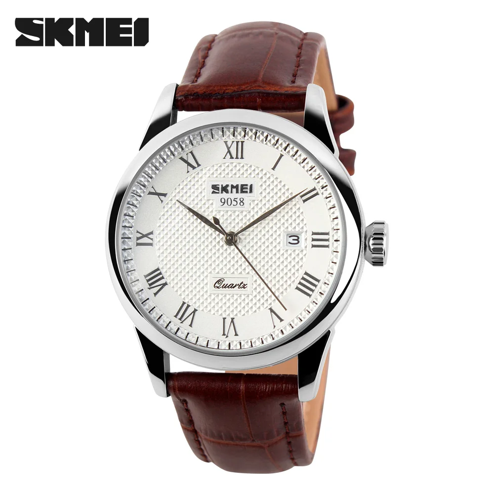 Бренд SKMEI мужские модные кварцевые часы повседневные деловые часы с датой кожаные водонепроницаемые женские наручные часы 9058