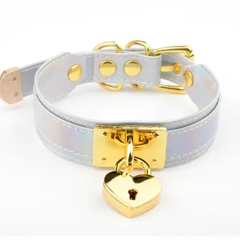 

Handmade Holographic Heart Choker with Lock and Key Iridescent Rainbow Collar Layered Laser Necklace for Women Girls