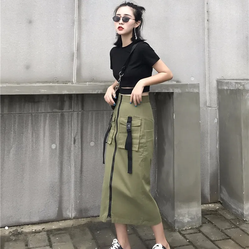 TWOTWINSTYLE армейская зеленая юбка высокая талия молния большой карман Лоскутная