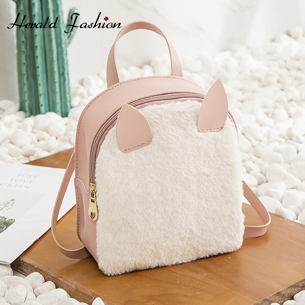 

Herald Fashion Quality Leather Women Backpack with Fur Cute Small Shoulder Bag Mini School Bag for Girls Ladies' Travel Backpack