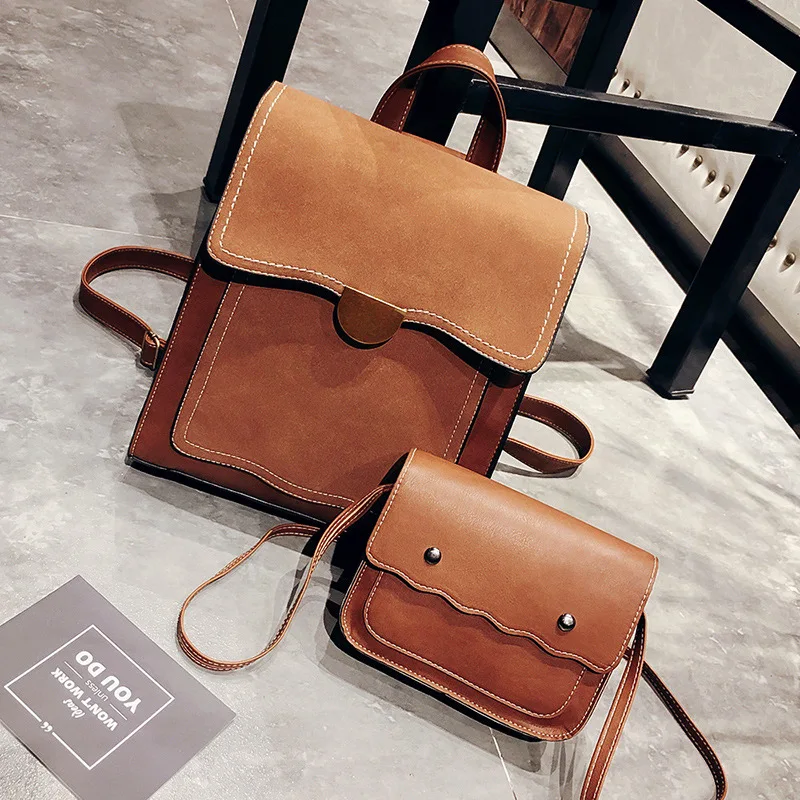 

Panelled Backpack PU Leather Stitching Shoulder Bags Girls School Bag 2 PCS vintage solid backpack for young girls