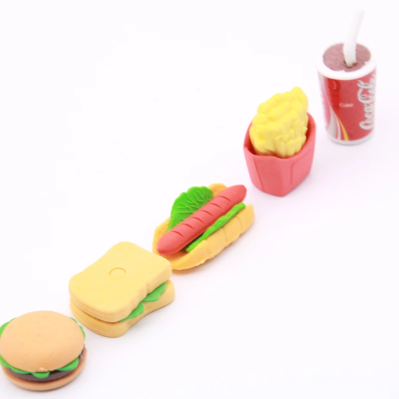 Cute Kawaii Cake Hamburger Food Drink Coke Eraser Set Stationery School Office Erase Supplies Fruit Kids Gift