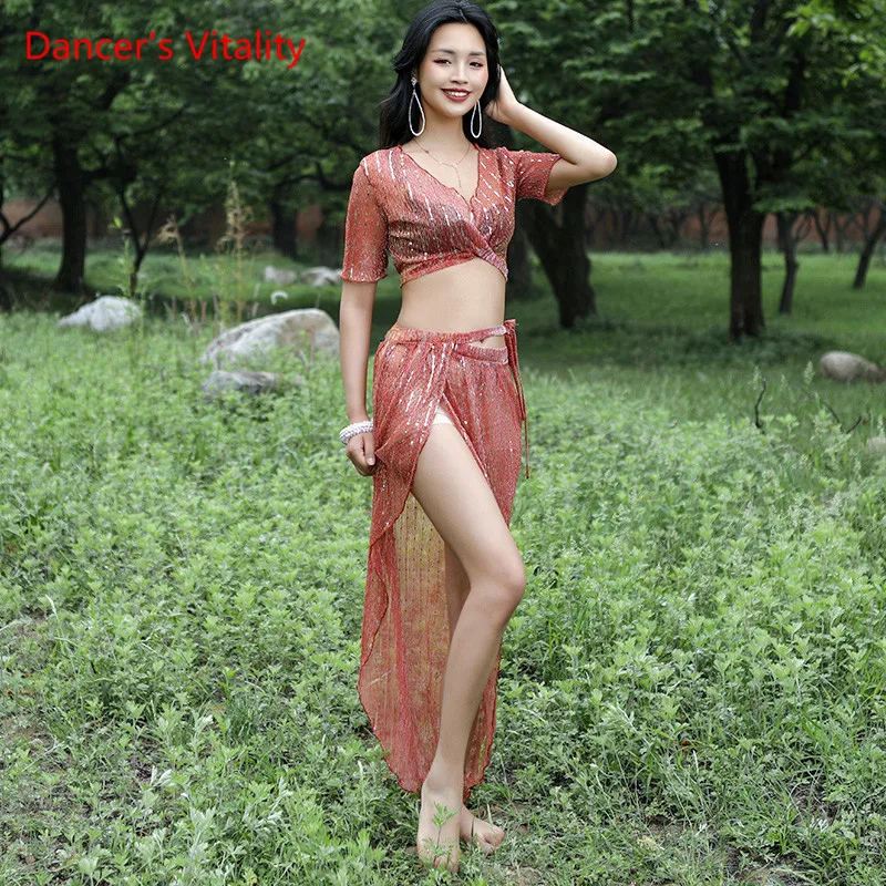 

Wholesale Team 2 Dance Suit Set Soft Women's Tank Top V-neck Sequins Split Skirt Competition Belly Dance Set