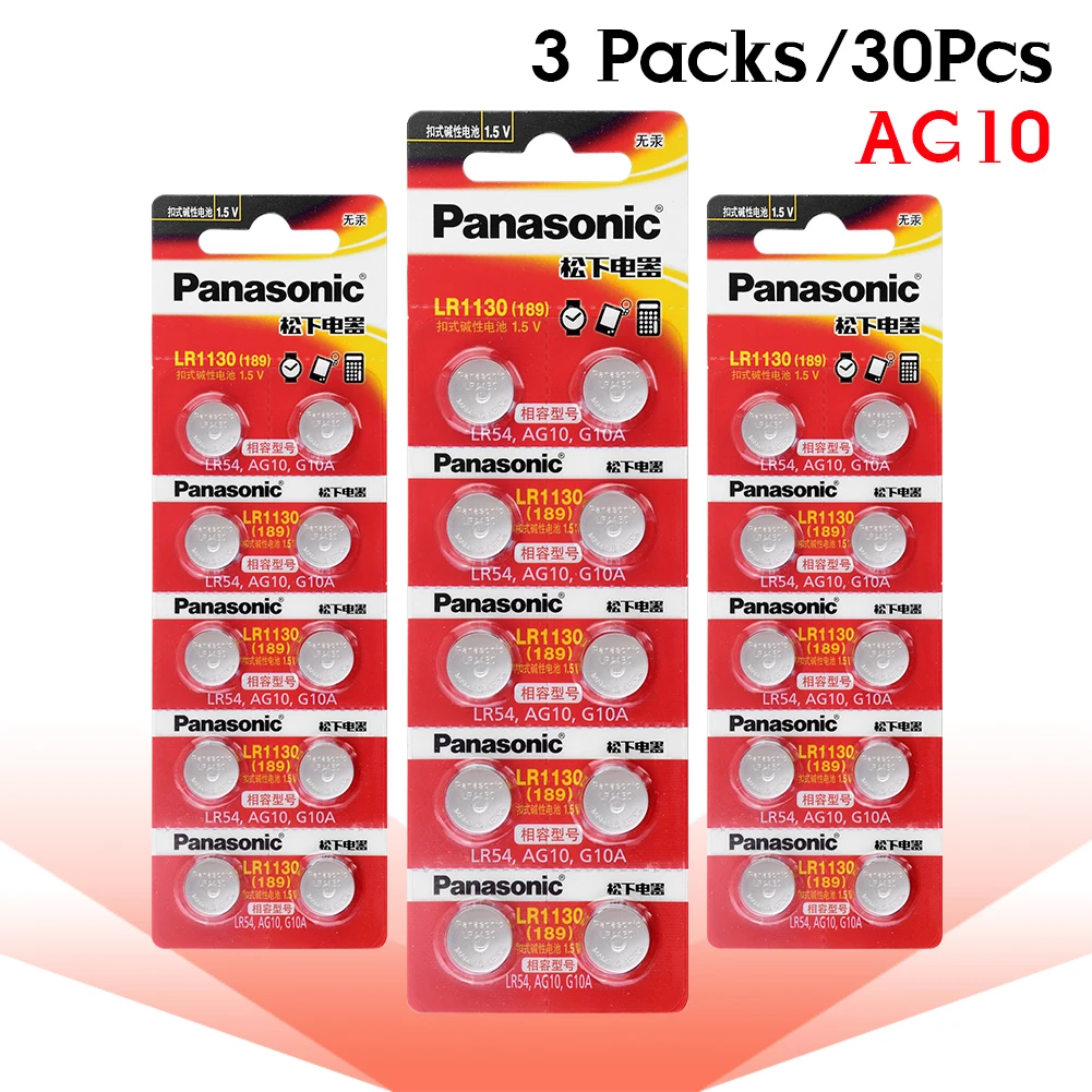 30 шт./лот Panasonic 1,5 V AG10 LR1130 сотовый Батарея батареи LR 1130 щелочной AG10 389 LR54 SR54 SR1130W 189 LR1130 Кнопка монета