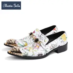 Christia Bella модные с цветочным принтом Мужские модельные туфли Белый пояса из натуральной кожи для мужчин итальянские свадебные туфли