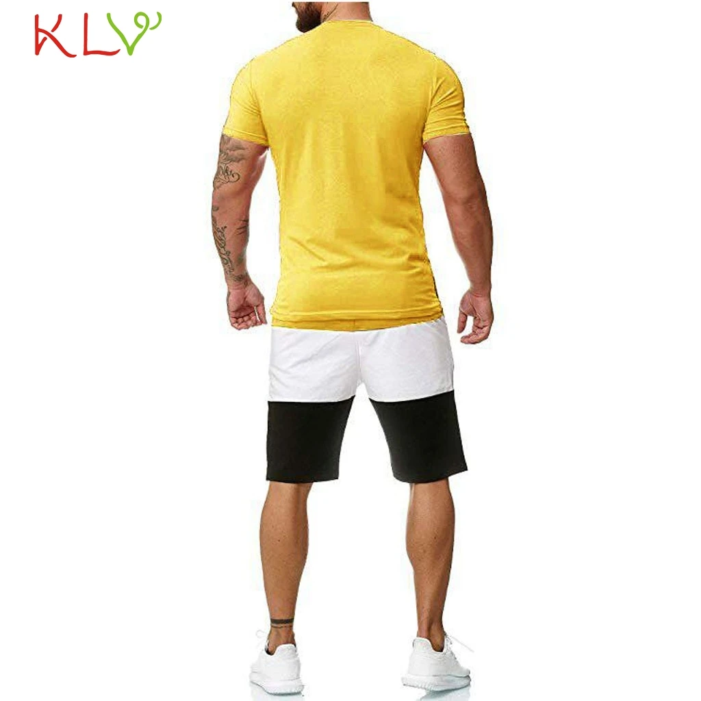 Спортивный костюм для мужчин, летний комплект из двух предметов для фитнеса, бега, футболка, Топы, короткие штаны, обтягивающие, для бега, Homme, мужской спортивный костюм, одежда 19May3