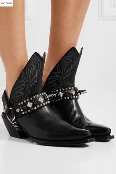 

2019 new arrival women black boots block heel ladies ankle boots women rock booties spike stud western booties point toe botas