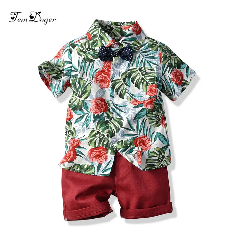 Tem Doger/комплекты одежды для мальчиков Детский комплект одежды для мальчиков, шорты рубашки с цветочным принтом и Шорты повседневные комплекты из 2 предметов детская одежда для мальчиков