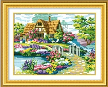 

Hot sale countryside flower home and garden cross stitch kit embroidery Kit Printing DIY with stools
