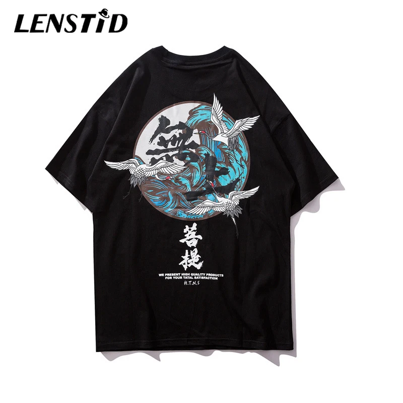 

LENSTID Buddha Crane Printed T Shirts Mens Hip Hop T-Shirt Chinese Character Casual Tops Tees Summer Harajuku Streetwear Tshirt