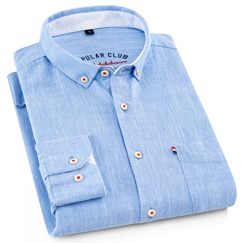 Мужская рубашка из льна и хлопка с длинным рукавом, с одним нагрудным карманом, на пуговицах, с воротником, летняя, тонкая, дышащая, однотонная, повседневные рубашки - Цвет: Light Blue