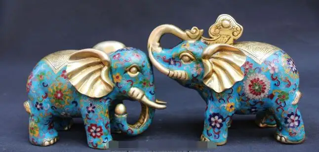 

S5241 10" Royal Chinese Bronze Gild Cloisonne Enamel Wealth Folk Elephant Statue Pair