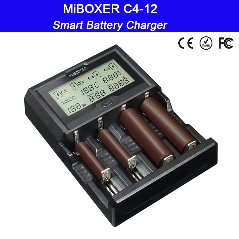 Miboxer C4-12 12A 4 слота ЖК-экран смарт-зарядное устройство для Li-ion/Ni-mh/Ni-Cd/LiFePO4 18650 14500 26650 AAA AA батареи