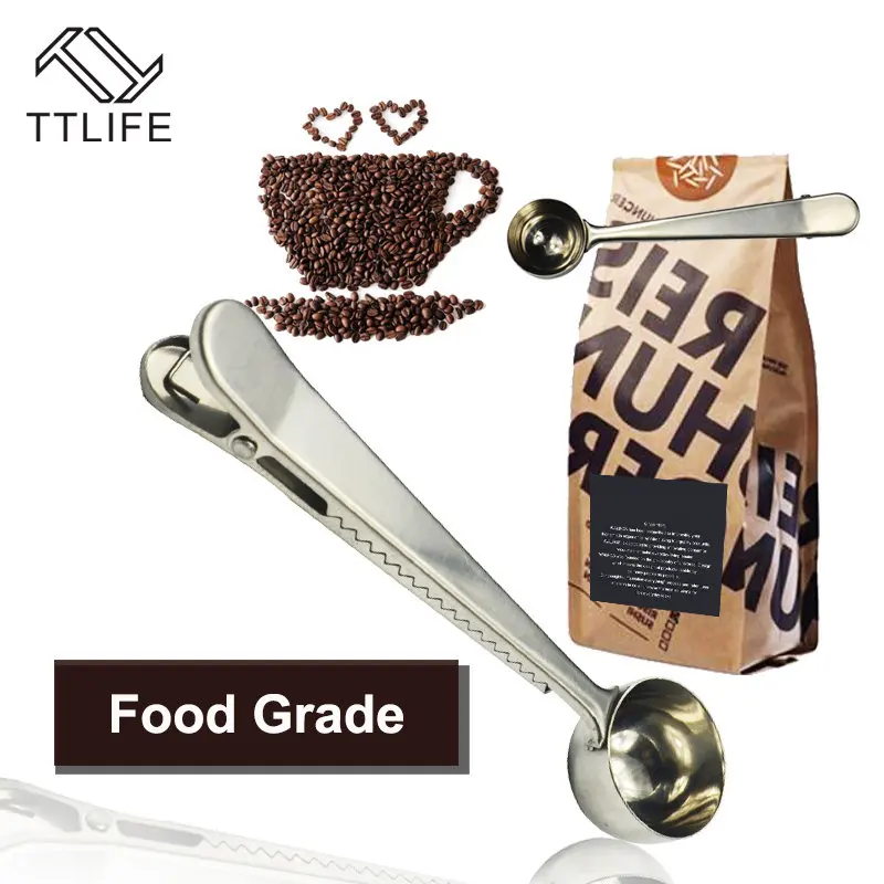 

TTLIFE 2 In 1 Stainless Steel Tea Coffee Scoop with Bag Seal Clip Coffee Sugar Measuring Spoon Ice Cream Spoon Coffeeware
