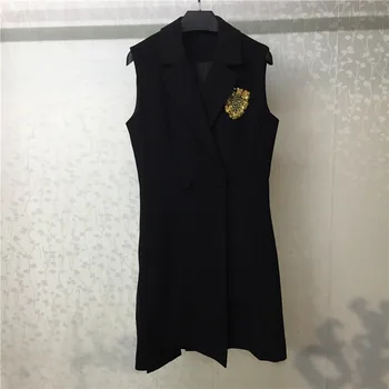 

2019 Women's Dress Elegant Sleeveless Notched Collar Dress Casual Mini Black Dress