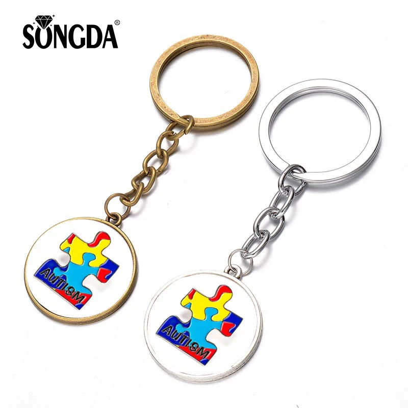 

SONGDA Autism Awareness Jigsaw Puzzle Keychain Hope Colorful Puzzle Piece Printed Glass Cabochon Pendant Key Ring Bag Charm Gift