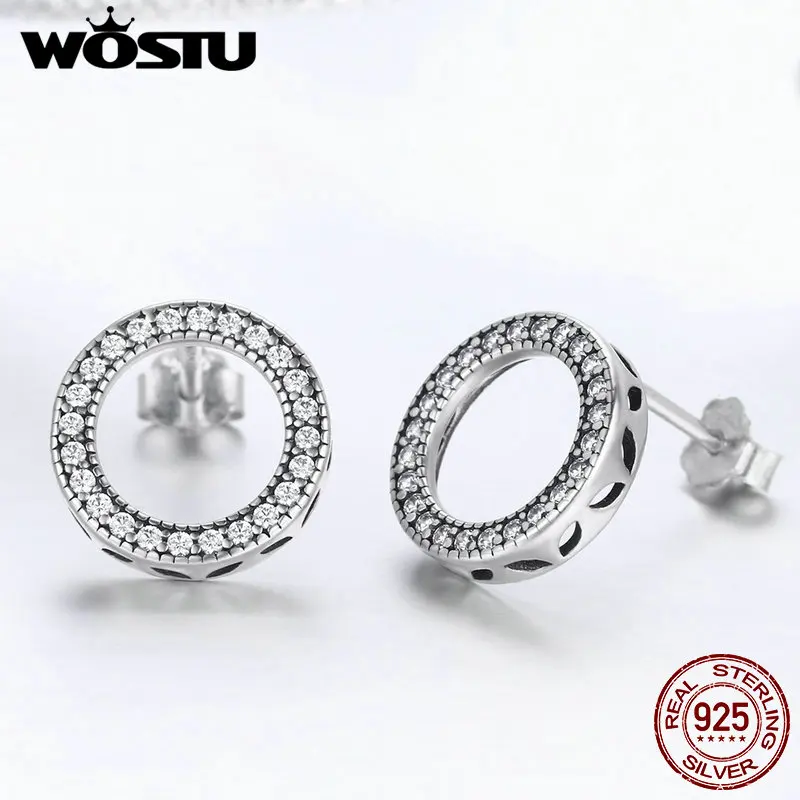 

WOSTU Top Sale 925 Sterling Silver Simple Design Round Circle Stud Earrings for Women Wedding Engagement Silver Jewelry FIE417