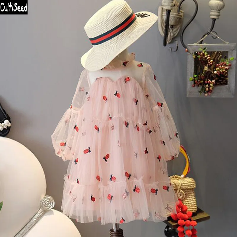 

Cultiseed Baby Girl Summer Embroidery Mesh Princess Party Dress Kids Cute Long Sleeve Pineapple Dress Children New Dresses