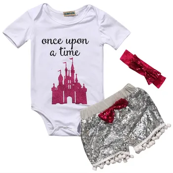 

Princess Baby Girls once upon a time Top Rompers Sequin Pants Outfits Set Clothes 0-24M