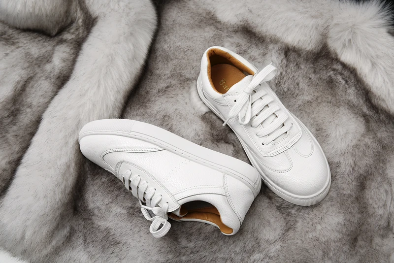 Baimier Genuine Leather White Women Sneakers Spring Street Style Lace up Running Shoes Casual Comfortable Women Flat Shoes