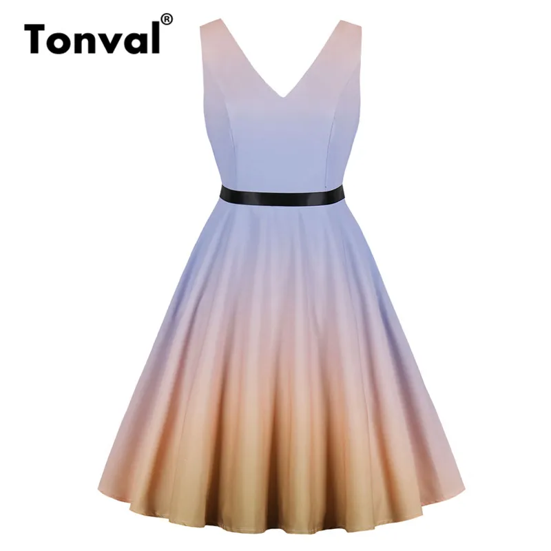 

Tonval Multicolor Color Gradient A Line Skater Dress Sleeveless Bow Tie Back Summer Dresses Women Party Sexy V Neck Dress