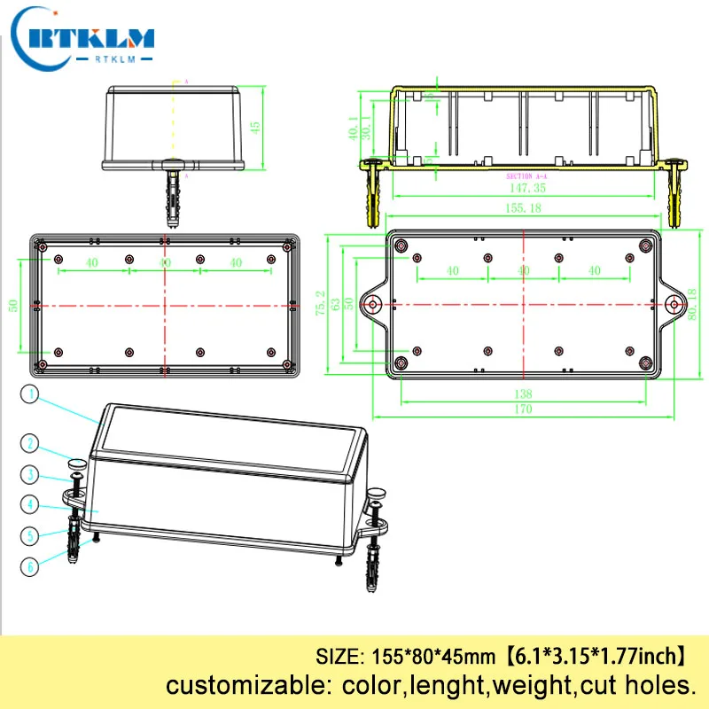 Wall mounting electronic housing products abs plastic enclosure junction box diy instrumen case pcd diy design BOX 155*80*45mm