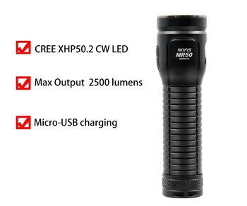 

Rofis MR50 USB rechargeable Flashlight CREE XHP50.2 CW LED max 2500 lumen tactical torch with 21700 5000mAh li-ion battery