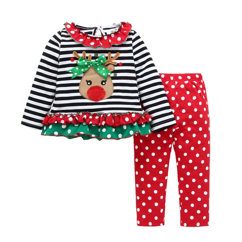 

2018 Baby Boy Girl Clothing Set Christmas Clothes Deer Striped Long Sleeve Tops t-shirt+White Dot Red Pants 2pcs Clothes Outfit