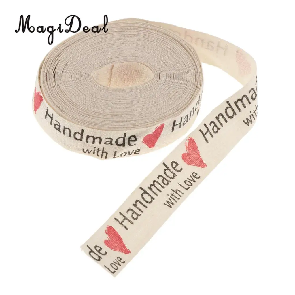 MagiDeal 5 Yards Hand Made with Love Heart Fabric Ribbon Gift Package Craft Decor