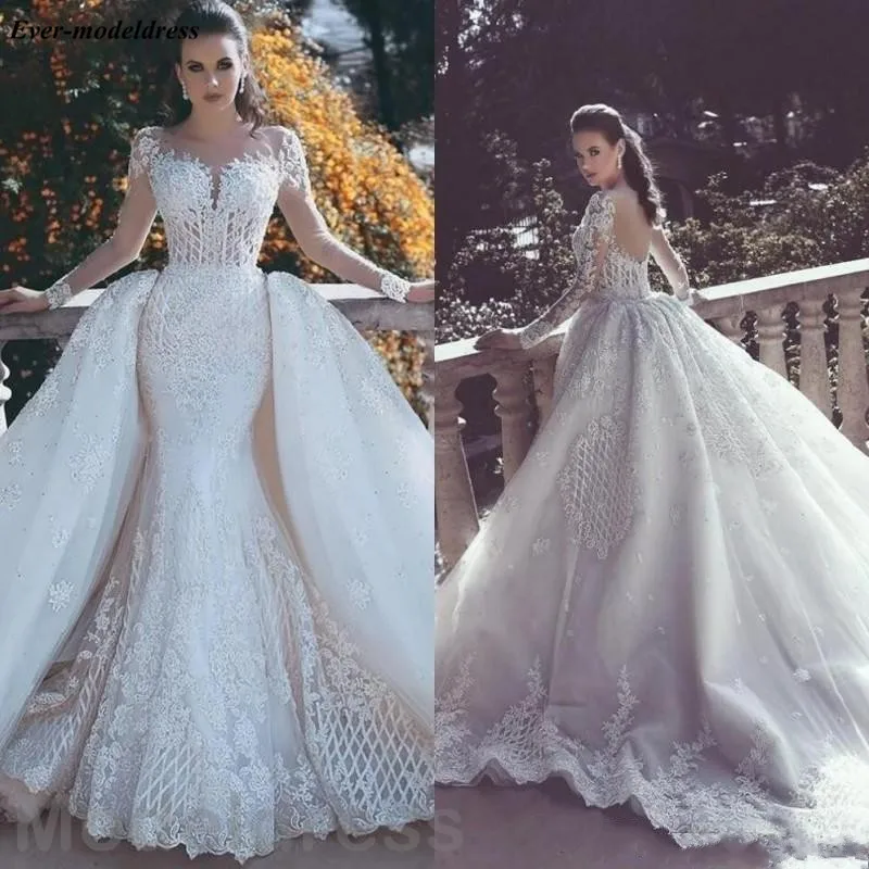 

Gorgeous Arabic Lace Mermaid Wedding Dresses 2020 Detachable Train Long Sleeves Illusion Dubai Bridal Gowns Abiti Da Sposa