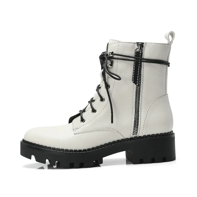 Luxury Genuine Leather Riding Boots Women Black White Square Heel Platform Ankle Boots Ladies Zipper Lace up Short Boots