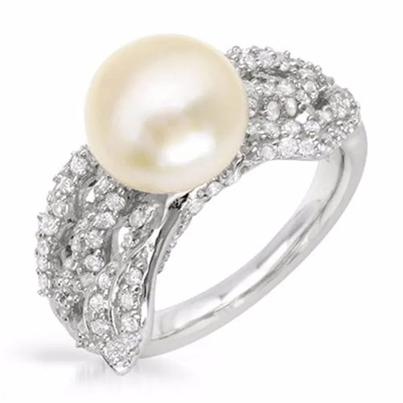 

pierscien 925 Sterling Silver White Cultured Freshwater Diameter 9~10mm Pearl Luxury Romantic Flower Ring Jewelry For women Gift