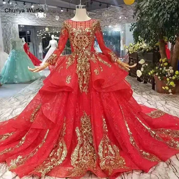 

LSS250 vintage wedding party dress red o neck long sleeves muslim evening gown with golden lace muti-layer puffy skirt luxury