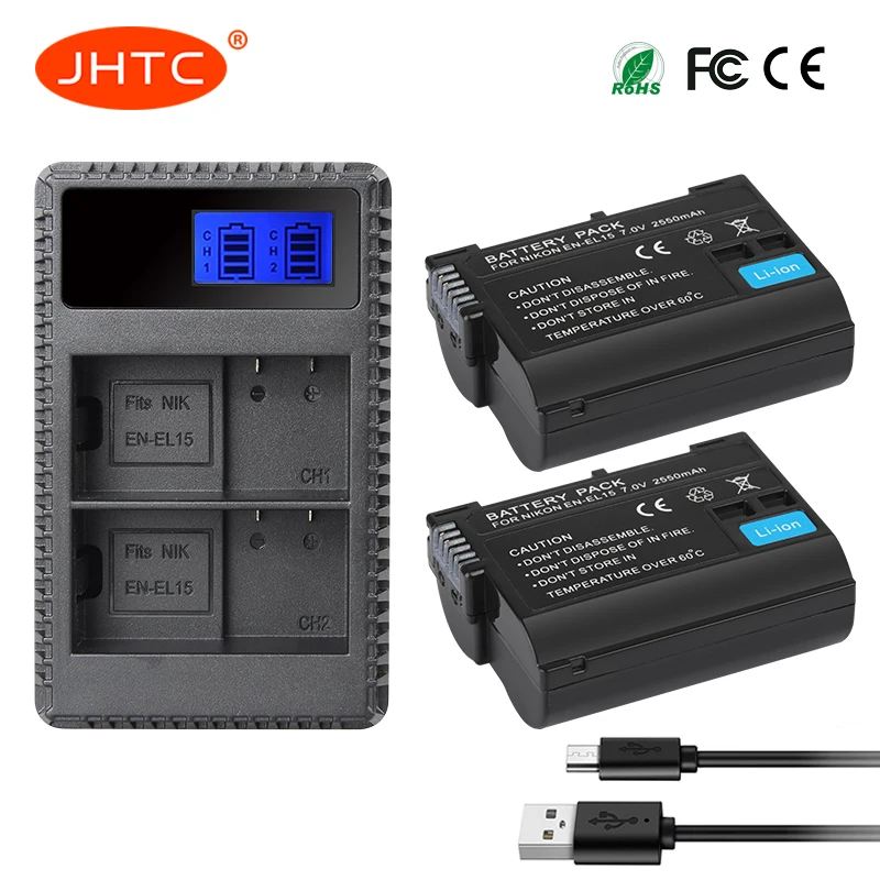 

JHTC EN-EL15 EN EL15 ENEL15 EL15A 2pcs battery and LCD Dual Charger for Nikon D7100 D750 D7000 D7200 D7500 D810 D610 D800 D850
