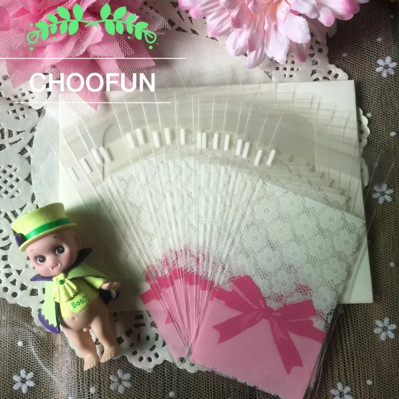 

100pcs/lot Mini Flower Lace Pink Bow style OPP Party Biscuit Cookie Baking Bag Self-adhesive Gift Candy Packaging Bags B074