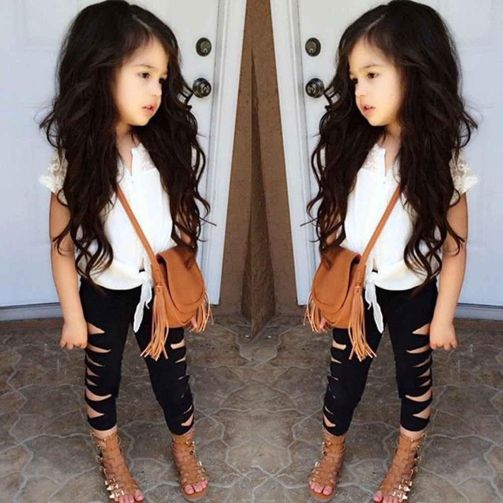 

Children Clothing Set Girls Casual Fashion Suit White Lace Shirt + Hole Casual Pants Suit Summer Children Wear Girls Clothes