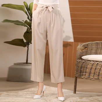 

High Waist Women Wide Leg Pants Summer Korean Fashion Harem Pants Girls Bow Tie Casual Thin Straight Long Trousers Office Wear