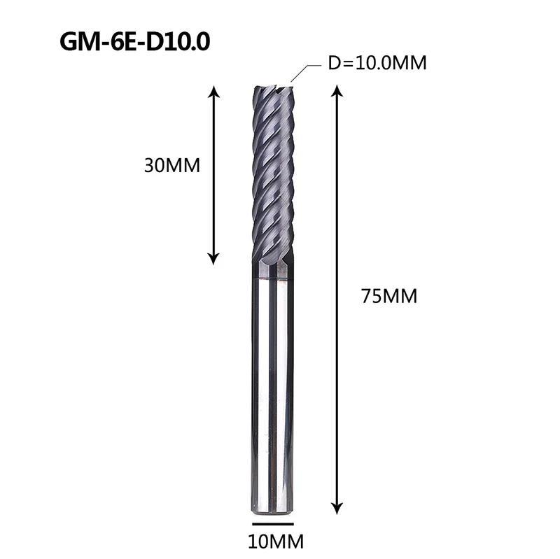 Фрезерный станок с ЧПУ GM-6E GM-6EL из твердой вольфрамовой стали 6 флейт с квадратной головкой с покрытием концевые фрезы для обработки металла HRC40 - Длина режущей кромки: GM-6E-D10.0