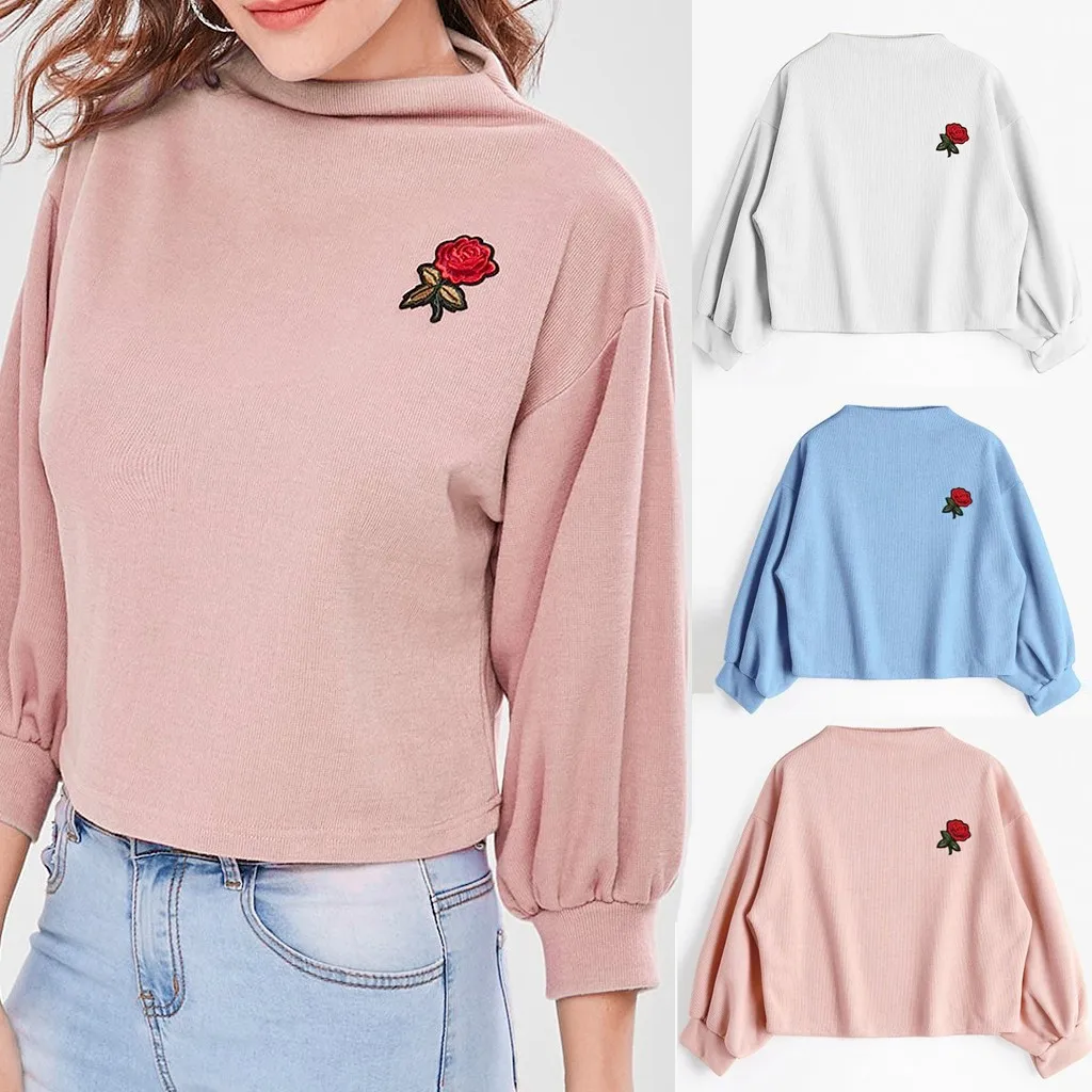 

Women Rose Embroidery Hoodies Autumn Turtleneck Warm Long Sleeve Pocket Patchwork Pullover Hoodie Sweatshirt Blosa White Top #15