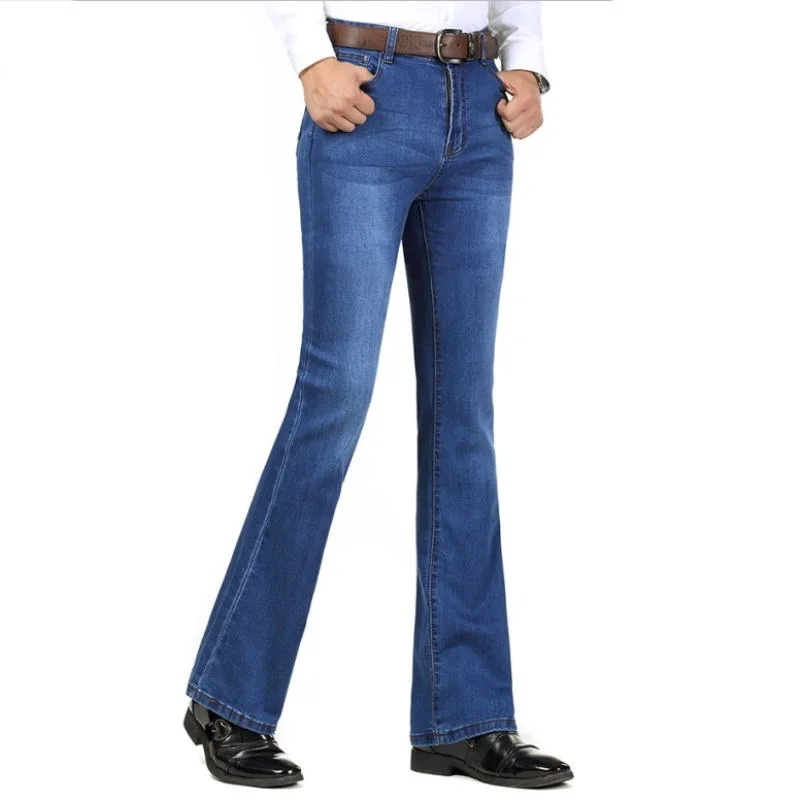 

Free Shipping Men's Autumn Winter Plus long Boot Cut Jeans Male Mid-High Waist Casual Business Denim Pants flares Thick Trousers