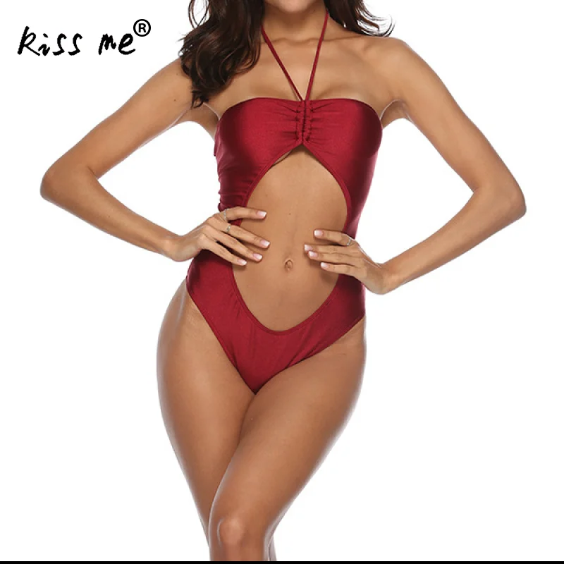 Kaufen Sexy Einem Stück Badeanzug Frauen Roten Badeanzug Halter Hohl Bademode Backless Strand Tragen Badeanzug Sexy Monokini String Krawatte