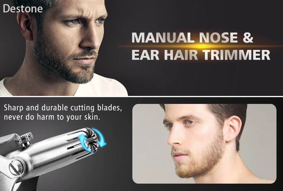 Destone Профессиональный портативный ручной триммер для волос в носу и ушах, батарейки не требуются, средство для удаления волос из носа из нержавеющей стали