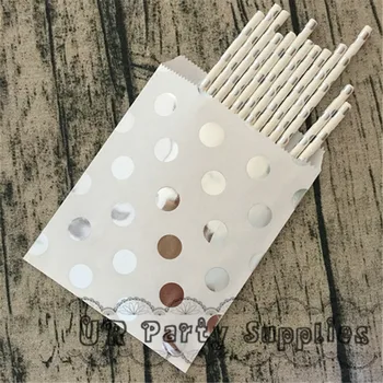 

400pcs Foil Silver Polka Dot Gift Paper Bags Metallic Silver Dot Paper Drinking Straws for Wedding Birthday Baby Shower Decor