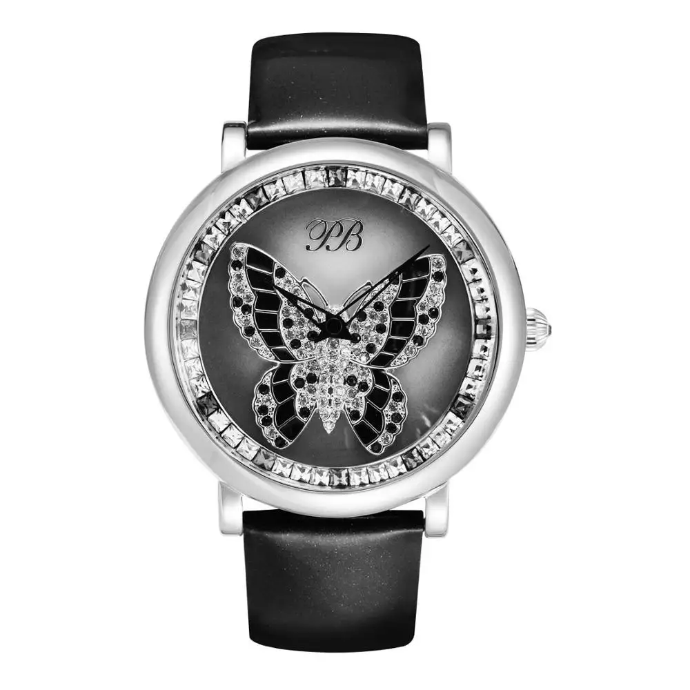 PB Watch Women Роскошные Брендовые ремешок для часы женские наручные вращающийся Кристалл Бабочка циферблат водонепроницаемый кожаный ремешок Кварцевые - Цвет: HL595BC