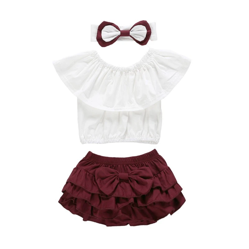 

Baby Girls Baby + Ruffle Red 3Pcs Sleeve T-shirt Dress Wine Clothing Tops Set Summer skirt Pleated Casual Vintage