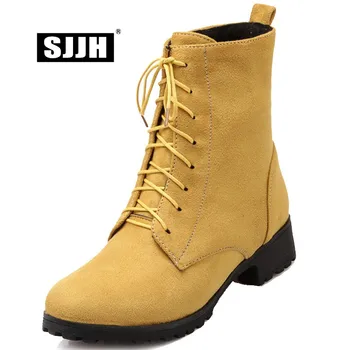 

SJJH Woman Flock Ankle Boots with Round Toe Square Heels Short Plush Martin Boots Autumn Fashion Casual Shoes Large Size Q099