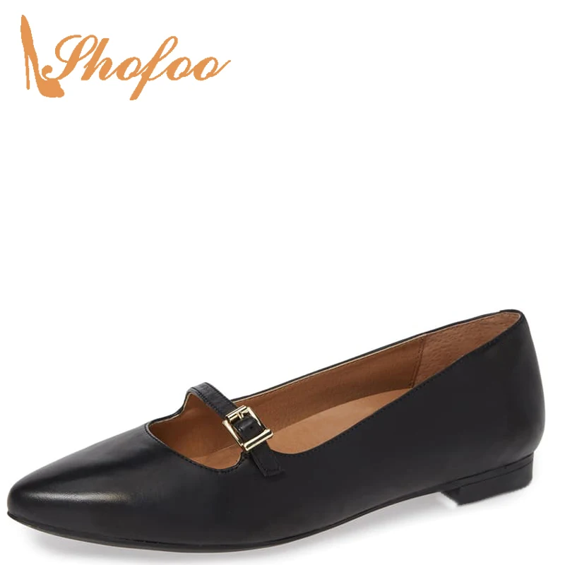 

Mary Janes Black Brown Shallow Woman's Flats Buckle Strap Pointed Toe Ladies Summer Fashion Casual Dress Shoes Large Size 42 43