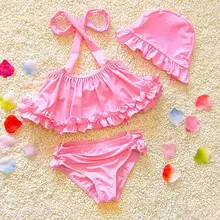 Однотонные бикини с оборками для маленьких девочек, детские высокие купальники из спандекса и кепки для детей 0-7 лет