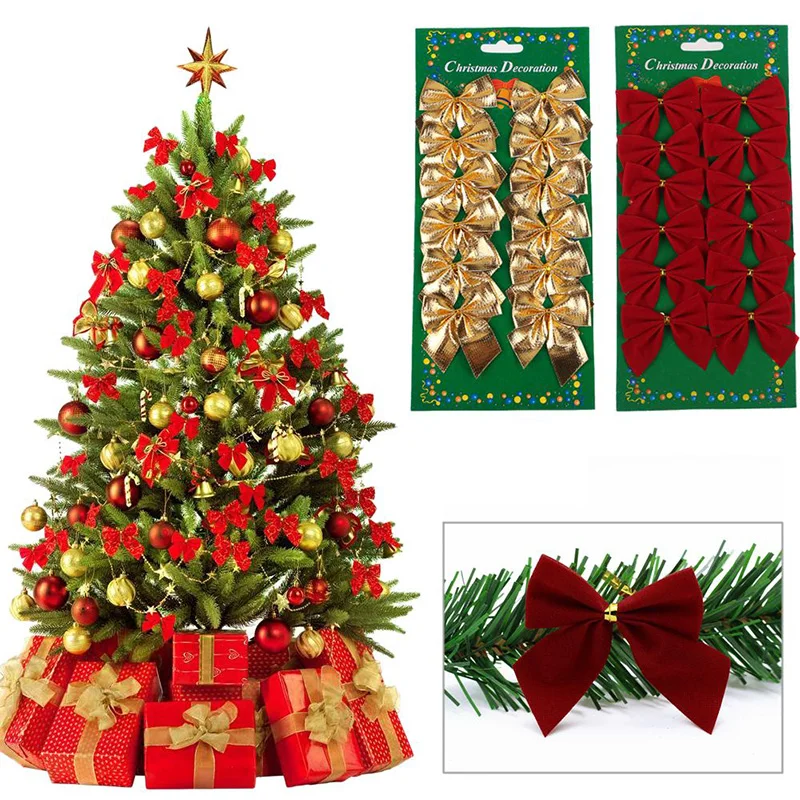 12 шт., золотой, красный, серебряный красивый бант, Рождественское украшение, украшение на елку, праздничные вечерние бантики для дома, украшение на год
