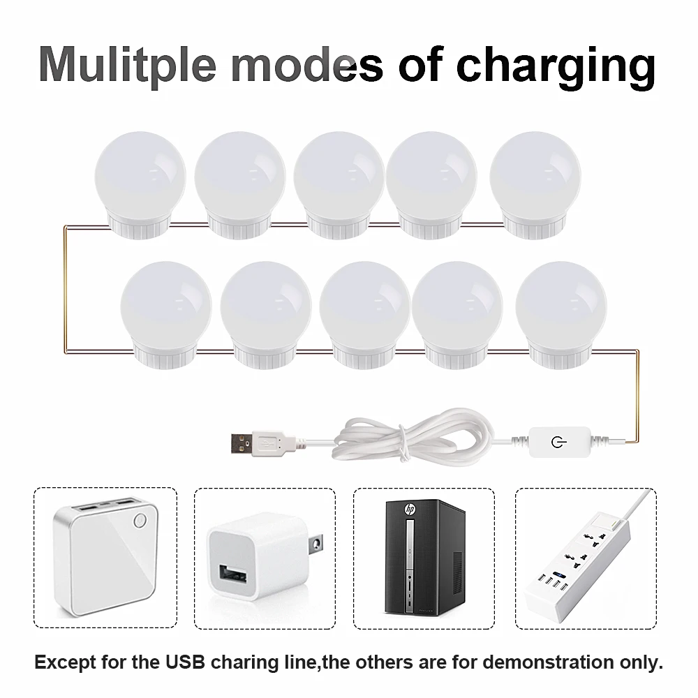  USB LED Makeup Mirror Light Vanity Lamps Brightness Dimmable Hollywood Lights Bulbs Lamps Kit For M